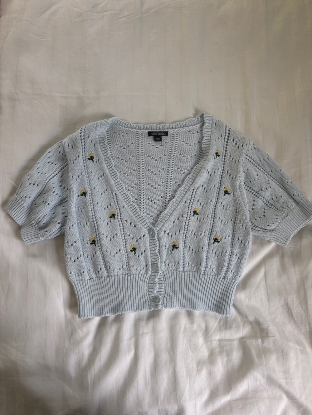 Wild Fable Light Blue Cropped Knit Cardigan with Embroidered Flowers